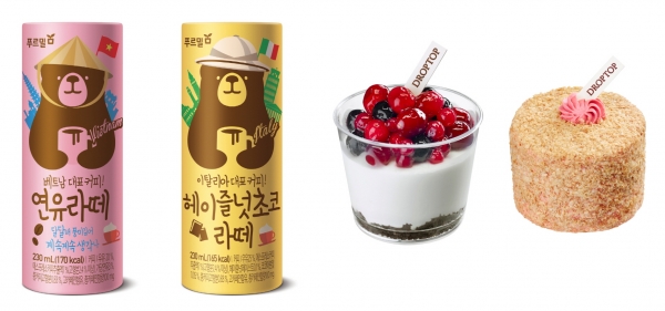 (왼쪽부터) 푸르밀 연유라떼&헤이즐넛초코라떼, 드롭탑 베리베리 유로파이&딸기 크런치 유로파이. 사진=각사 제공