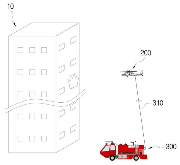 '무인기를 이용한 고층건물 화재 진압 시스템 및 방법' 특허 도면. 그림=특허정보넷 키프리스 캡처