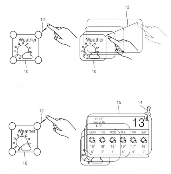 삼성전자가 지난 2013년 3월 25일 출원하고 그해 10월 16일 공개했던 '디스플레이 상의 오브젝트를 실행하는 방법 및 디바이스' 특허 도면. 그림=위즈도메인 제공
