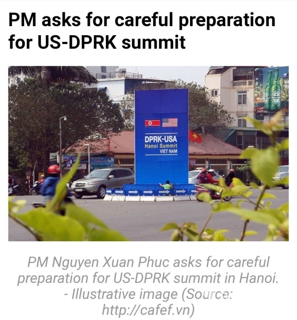 응 우옌 주안 푸크 베트남 총리가 베트남 수도 하노이에서 열리는 북한과 미국 사이의 두 번째 정상 회담을 위한 준비를 검토하는 회의를 주재했다고 20일 베트남 뉴스 ‘에이전시(VNA)’가 보도했다. 사진=에이전시(VNA) 홈페이지 캡처