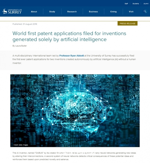 유럽 특허청(EPO)은 지난해 12월 20일 인공지능(AI)을 발명자로 한 특허출원에 대해 2019년 11월 25일 비공개 구술심리를 진행한 결과 거절결정을 내렸다고 한국지식재산연구원이 최근 전했다.