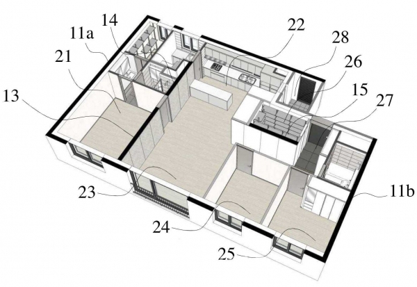 대림산업㈜이 2018년 8월 23일 출원(출원번호 제1020180098611호)하고  2019년 8월 12일 등록을 받은 ‘가변형 벽식 구조 공동주택(Apartment house with variable wall structure)’ 특허 대표 도면. 그림=키프리스 캡처