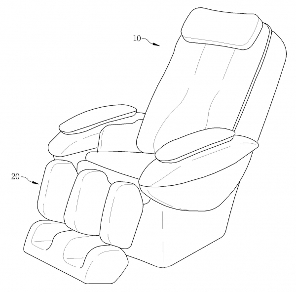 바디프랜드가 2012년 11월 22일 출원(출원번호 제1020120133312호)한 '하지 정맥류 예방 및 종아리 다이어트에 효과적인 온열 마사지 전동 안마 의자'라는 명칭의 특허 대표 도면. 그림=키프리스 캡처