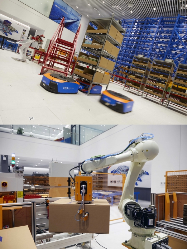TES물류기술연구소가 개발중인 자율운송로봇(사진 위)과 로봇팔, 현재 국내 물류센터에서 테스트가 진행되고 있다. 사진=CJ대한통운 제공