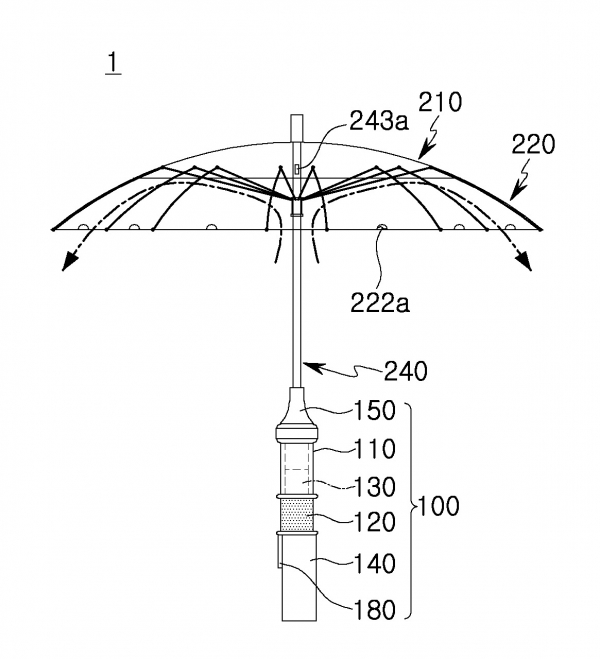 코웨이가 2018년 11월 21일 출원(출원번호 제1020180144671호)하고 지난 5월 29일 공개(공개번호 제1020200059665호)된 '우산형 공기청정기' 특허의 대표 도면. 그림=키프리스 캡처