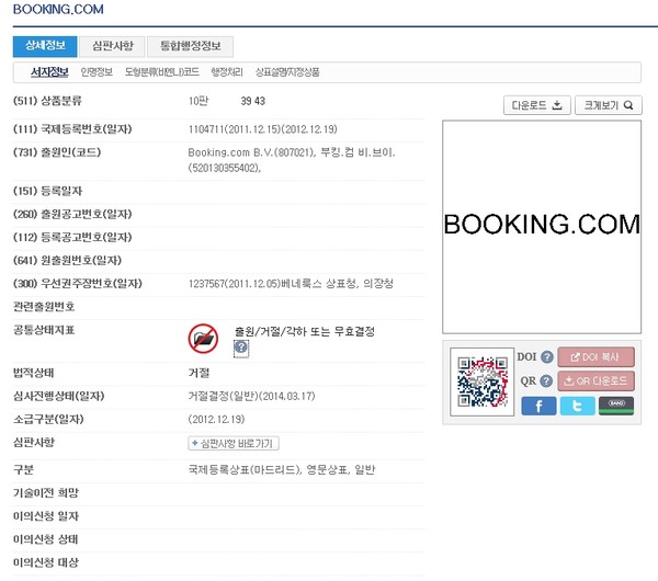 비즈월드가 확인한 결과 Booking.com의 회사 상호인 ‘부킹.컴 비.브이.(Booking.com B.V.)’이 국내에 총 5개의 상표를 출원한 가운데 2011년 12월 15일 국제상표등록이 출원된 ‘BOOKING.COM’이라는 상표 2건 중 거절이 결정된 상표. 그림=키프리스 캡처