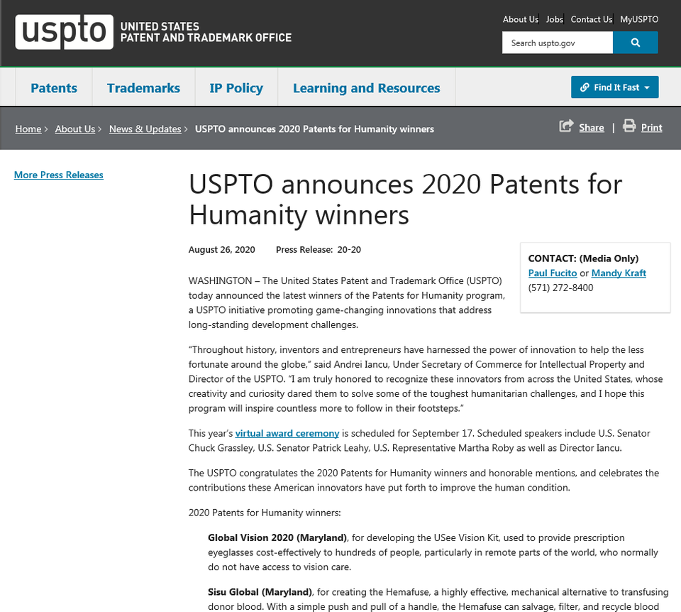 미국 특허상표청은 지난달 26일(현지시각) 오랜 개발 과제를 해결하는 판도를 바꾸는 혁신을 촉진하는 USPTO 이니셔티브인 '인류를 위한 특허상(Patents for Humanity Awards)' 등의 수상자를 발표했다. 사진=미국 특허상표청 홈페이지 캡처