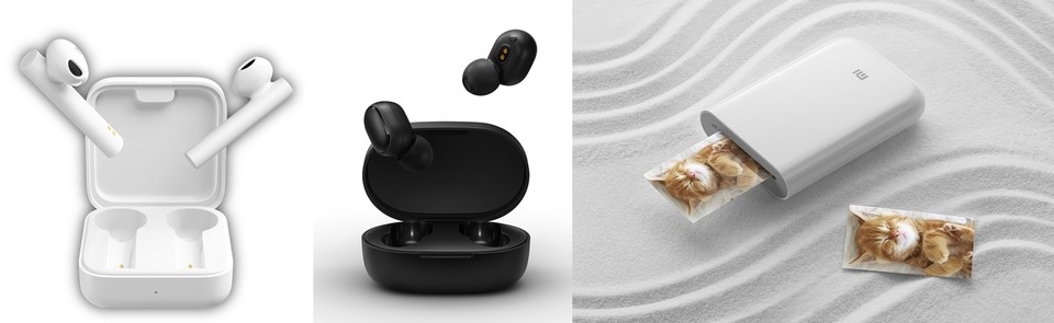 (왼쪽부터) Mi 트루 와이어리스 이어폰 2 Basic, Mi TWS 베이직 2, Mi 휴대용 포토프린터. 사진=샤오미 제공