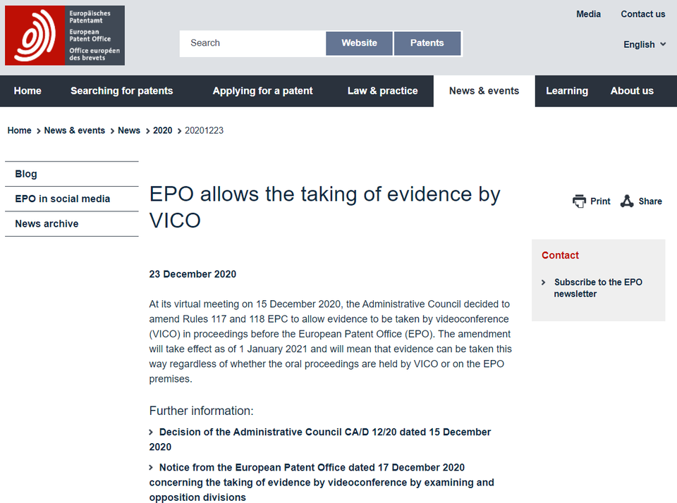 유럽 특허청(EPO)은 지난해 12월 23일 화상회의(VICO)에서 제출된 증거의 수집을 인정할 수 있도록 ‘유럽특허협약 시행규칙(Implementing Regulations to the European Patent Convention, 이하 EPC)’이 개정됐다고 발표했다. 사진=유럽특허청 홈페이지 캡처