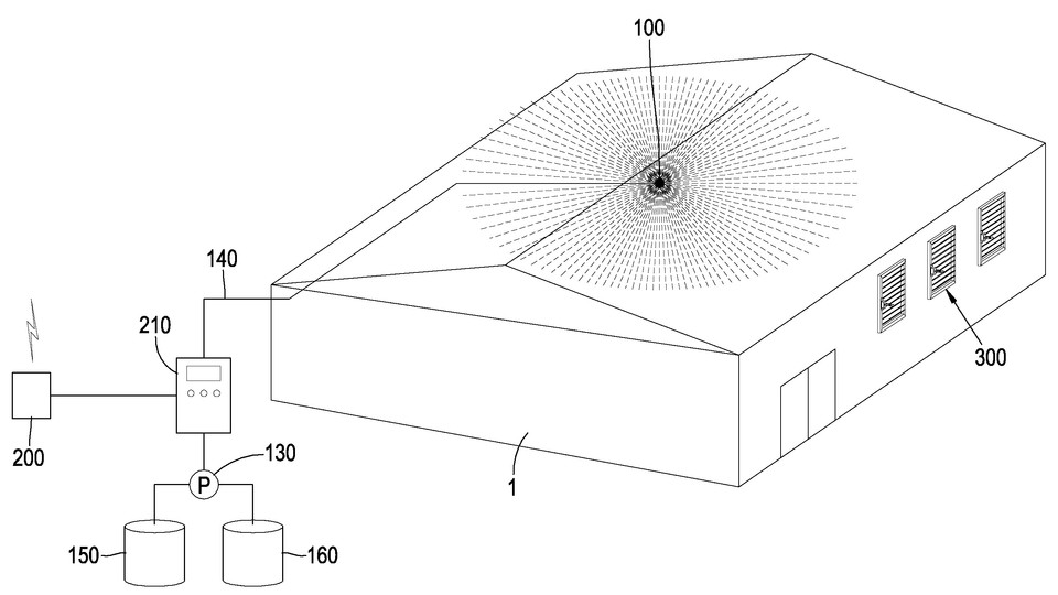 ㈜나투어카슨제약이 2020년 6월 17일 출원(출원번호 제1020200073559호)하고 그해 12월 14일 등록(등록번호 제102193104호)을 받은 ‘생활방역 안전 운영 시스템’ 특허의 대표도면. 생활방역 안전 운영 시스템이 다중 이용 시설 또는 필요 시설에 구성된 상태의 도면. 그림=키프리스 캡처