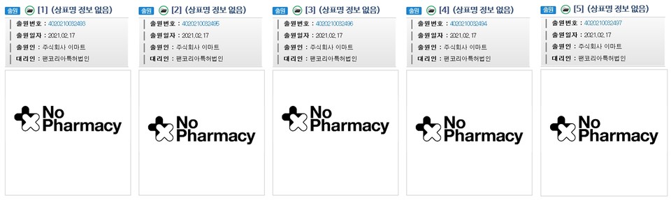 이마트가 새로운 수익 창출 방안으로 온라인 의약품 유통에 나설 것으로 예상돼 실제 사업 전개에 관심이 쏠리고 있다. 비즈월드가 19일 확인한 결과 이마트는 지난 2월 17일 ‘no pharmacy’란 상표 5건을 동시에 특허청에 출원했다. 사진=키프리스 캡처