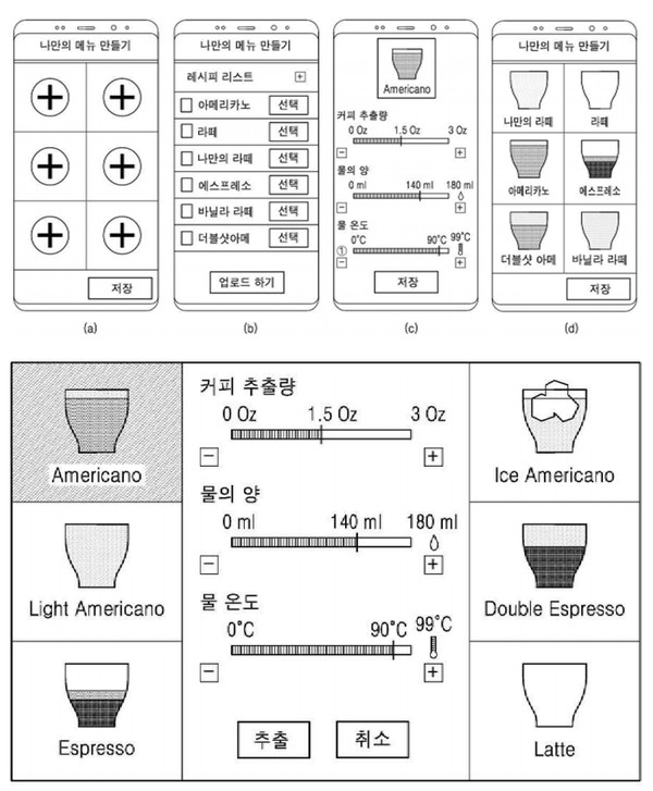 제노스전자㈜가 2018년 12월 31일 출원(출원번호 제1020180173735호)하고 올해 2월 5일 등록(등록번호 제102215503호)을 받은 ‘사용자 별 설정이 가능한 인터페이싱 장치’의 실시예 도면. 인터페이싱장치설정부에 의해 디스플레이되는 사용자단말기의 표시화면을 개략적으로 그린 도면(그림 위)과 레시피설정부에 의해 디스플레이되는 지능형소형가전인터페이싱장치의 표시화면을 개략적으로 그린 도면. 그림=키프리스 캡처