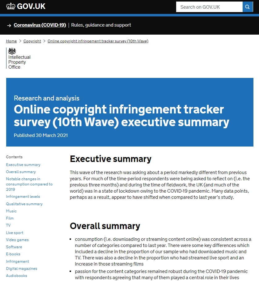 영국 지식재산청(UKIPO)은 지난달 30일 ‘2020년 온라인 저작권 이용·침해 실태조사(Online copyright infringement tracker survey(10th Wave))’ 결과 보고서를 발표했다고 한국지식재산연구원(이하 연구원)이 20일 전했다. 사진=영구 지식재산청 홈페이지 캡처