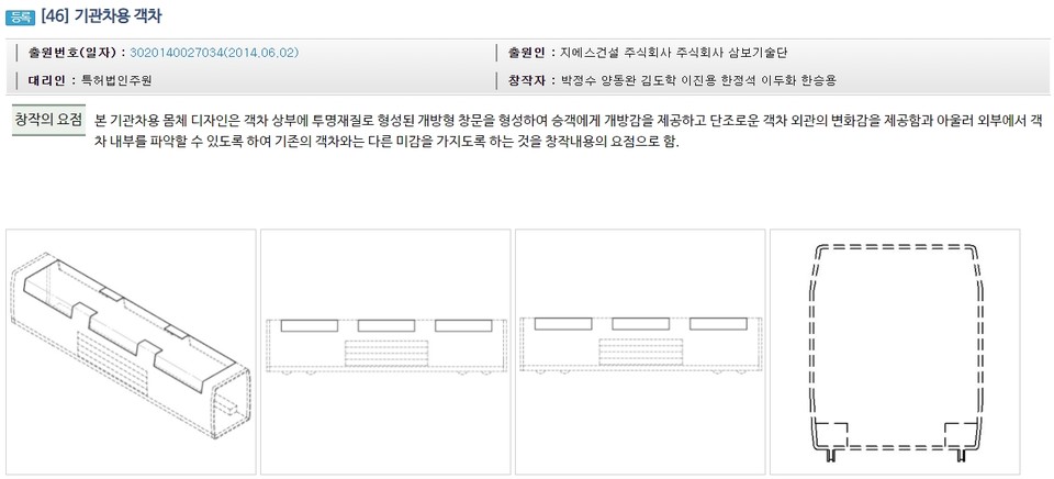 GS건설은 2014년 6월 2일 ㈜삼보기술단과 공동으로 ‘기관차용 객차’라는 명칭의 디자인을 출원해 2015년 2월 10일 특허를 취득(등록번호 제300784459호)했다. 사진=키프리스 캡처
