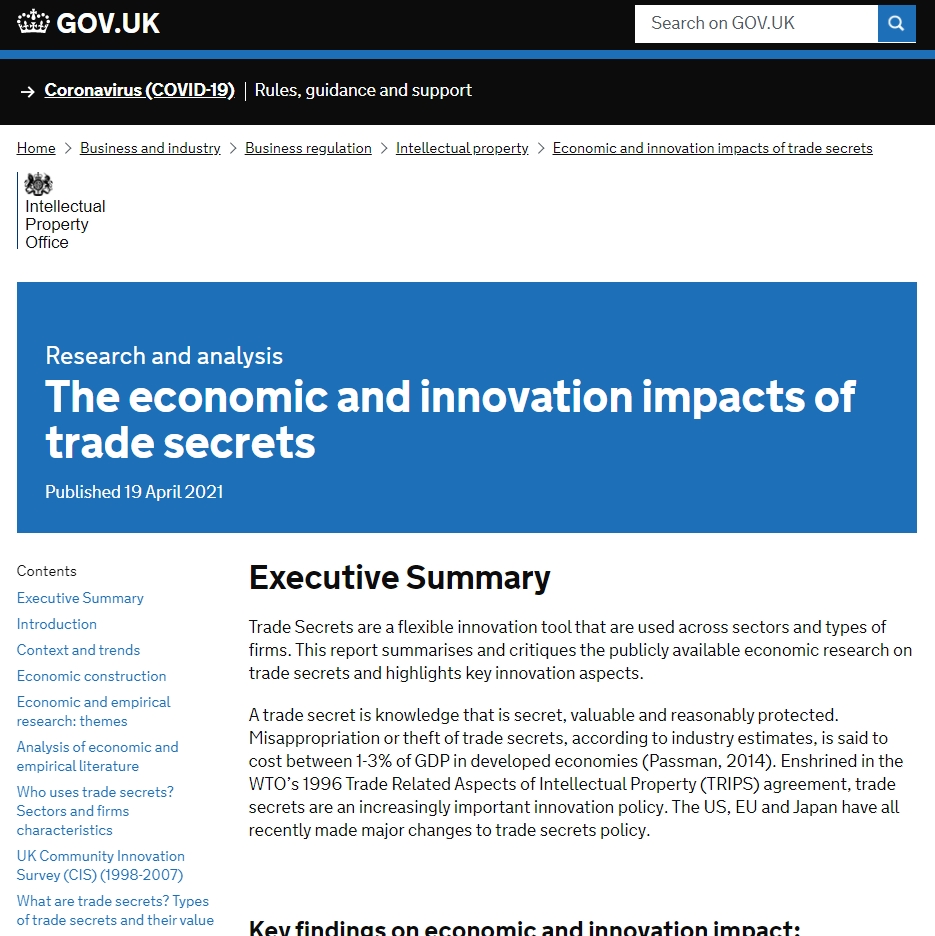 영국 지식재산청(UKIPO)은 지난달 19일 ‘영업비밀의 경제·혁신적 영향(The economic and innovation impacts of trade secrets)’ 보고서를 발표했다고 한국지식재산연구원이 전했다. 사진=영국 지식재산청 홈페이지 캡처