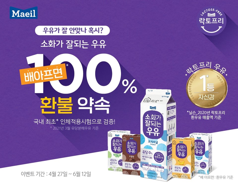 매일유업(대표 김선희)의 락토프리 우유 ‘소화가 잘되는 우유’가 ‘1등 자신감’ 캠페인을 전개하고 있다. 사진=매일유업