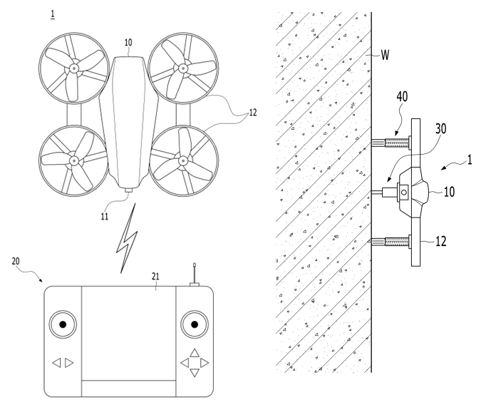 에스큐엔지니어링㈜이  2020년 8월 24일 출원(출원번호 제1020200105930호)해 지난 5월 4일 등록(등록번호 제102250490호)를 받은‘드론을 활용한 타격장치에 의한 타력측정 및 이를 이용한 콘크리트 구조물의 강도 및 물성 측정시스템’ 특허의 대표 도면. 해당 발명이 적용되는 일반적인 드론의 평면 구성도(왼쪽)과 해당 발명에 따른 드론이 수직 벽을 이동하며 콘크리트 구조물의 경도를 측정하는 상태를 보인 예시도. 그림=픽사베이