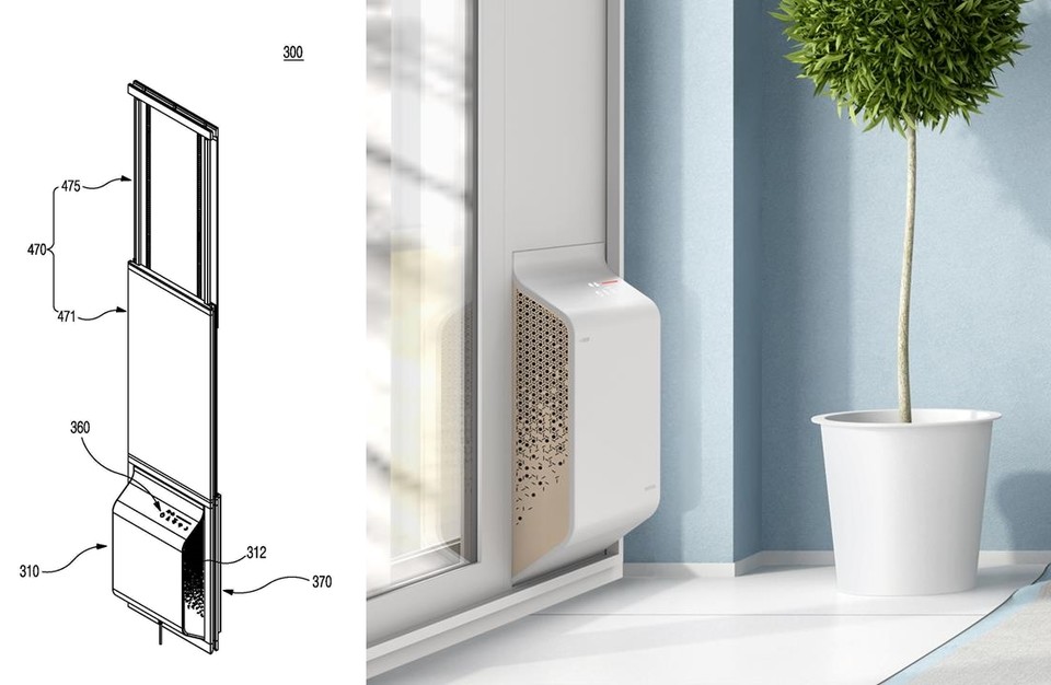 ㈜디아스포라의 대표 원태연씨가 2020년 4월 6일 출원(출원번호 제1020200041474호)해 2020년 12월 3일 등록(등록번호 제102188972호)을 받은 ‘창문 장착형 스마트 환기청정기’ 특허의 대표 도면(왼쪽)과 실제 제품 사진. 사진=키프리스, 특허청