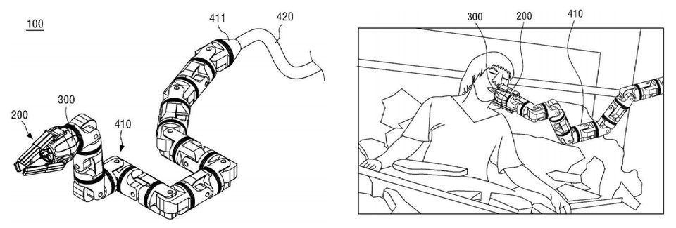 한국로봇융합연구원과 부경대학교 산학협력단이 공동으로 2019년 11월 26일 특허를 출원(출원번호 제1020190153270호)돼 지난 5월 11일 등록(등록번호 제102252700호)을 받은 ‘바퀴 부착 뱀형 로봇’의 모양도(왼쪽)와 사용예. 그림=키프리스
