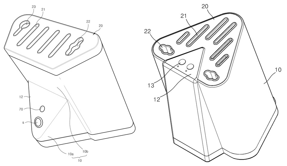 기존에 선보였던 칼날 살균기 특허들. ㈜인성하우스필이 2009년 2월 27일 출원(출원번호 제1020090017005호)해 그해 6월 12일 등록(등록번호 제100903775호)을 받은 ‘칼전용 자외선살균기’(왼쪽)과 ㈜이피텍이 2009년 12월 21일 출원(출원번호 제1020090127774호)해 2010년 3월 19일 등록(등록번호 제100949754호)을 받은 ‘칼전용 살균건조기’ 특허 대표 도면. 사진=키프리스