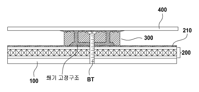 현대L&C가 2020년 9월 8일 출원(출원번호 제1020200114339호)해 올해 5월 27일 등록(등록번호 제102259682호)을 받은 ‘내풍압성이 강화되고 누수 위험성이 감소한 장폭 지붕재 시트의 설치방법’ 특허의 대표 도면. 해당 발명에 따른 장폭 지붕재 시트의 설치 방법에 따른 지붕재 시트의 설치 구조를 예시한 예시도. 도면에 적힌 숫자 100은 중도리, 200은 샌드위치 패널, 300은 유도가열화스너, 400은 지붕재 시트. 그림=키프리스 캡처