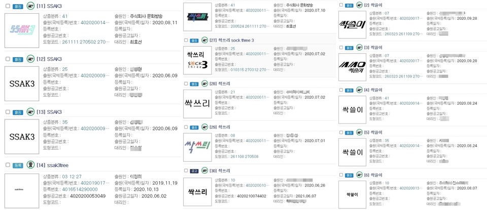 유재석씨는 2020년 8월 4일 문화방송(MBC)과 공동으로 ‘유두래곤’이라는 한글 상표 3건을 동시 출원해 등록을 위한 심사 중이며 지난해 10월 7일에는 ‘지미유’라는 한글 상표 3건을 출원해 역시 심사 중이다. (왼쪽부터) 'SSAK3', 싹쓰리, ''싹쓸이' 상표권 출원 현황. 그림=키프리스