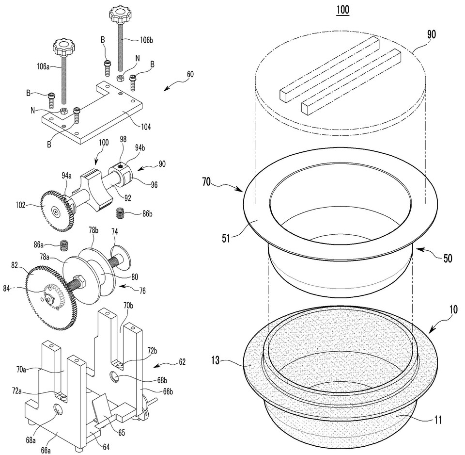 백종원씨를 발명자로 ㈜더본코리아를 출원인으로 2010년 11월 15일 출원(출원번호 제1020100113590호)된 2014년 10월 15일(등록번호 제101453439호) 등록을 받은 ‘만두 제조 장치 및 이를 이용하여 제조된 만두’ 특허의 대표 도면(왼쪽)과 2012년 2월 27일 출원(출원번호 제1020120019883호)해 2014년 1월 21일 등록(등록번호 제101356042호)을 받은 ‘돌솥 조립체’ 특허의 대표 도면. 그림=키프리스
