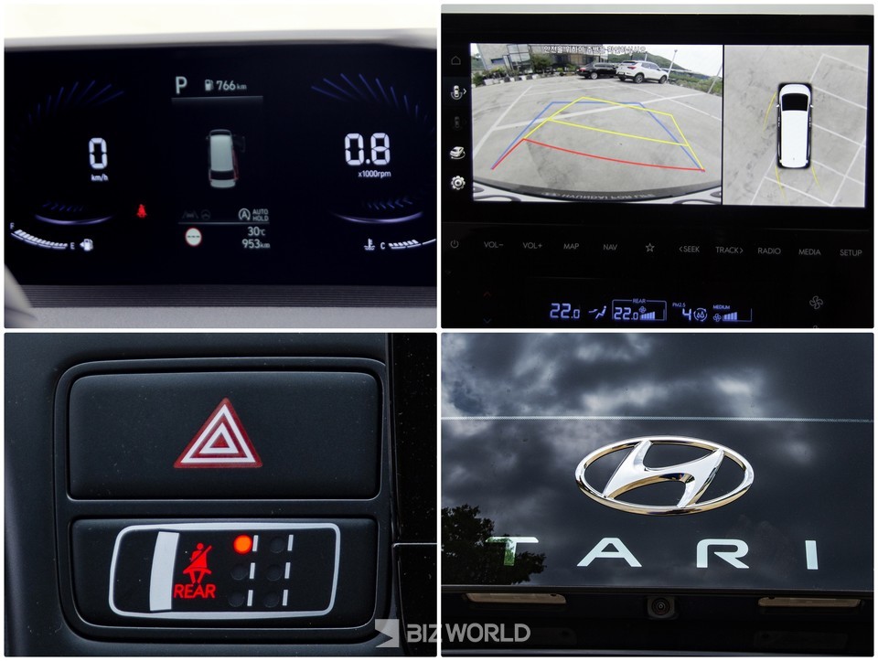 스타리아 투어러 9인승 계기판(왼쪽 위부터 시계방향), 써라운드 뷰, 테일게이트에 있는 스타리아 로고, 2열 3열 승차위치 표시. 사진=손진석 기자