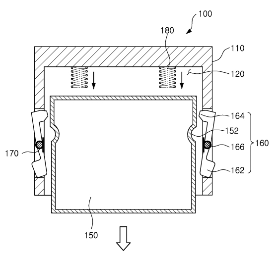 코웨이가 2013년 12월 30일 출원(출원번호 제1020130166612호)해 지난 7월 23일 등록(등록번호 제102283317호)을 받은 ‘제습기’ 특허의 대표 도면. 해당 발명의 실시 예에 따른 제습기 본체와 수조를 결합하는 걸쇠의 작동 상태를 나타낸 도면. 그림=키프리스