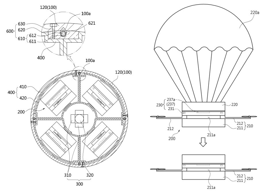 ㈜한화가 2019년 12월 30일 출원(출원번호 제1020190177888호)해 올해 8월 9일 등록(등록번호 제102289898호)받은 ‘드론이 탑재된 발사체 및 발사체의 드론 방출 방법’ 특허의 도면. 해당 발명에 따른 드론이 탑재된 발사체 단면도(왼쪽)와 외부로 방출된 후 드론의 모습. 그림=키프리스