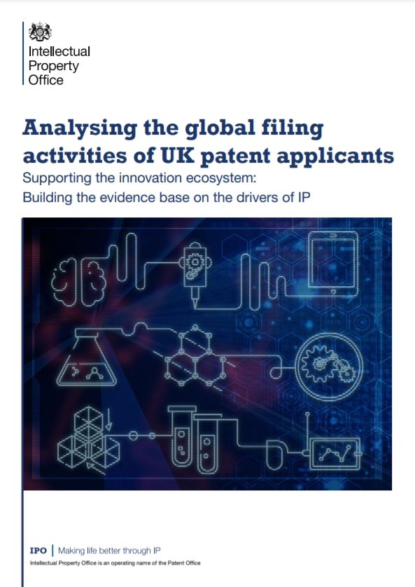 영국 지식재산청(UKIPO)은 지난 9일 영국에서 특허출원을 하는 이들(기업, 단체 포함)의 특허 활동을 정리한 ‘영국 출원인의 글로벌 특허출원 활동 분석(Analysing the global filing activities of UK patent applicants)’ 보고서를 발간했다고 한국지식재산연구원이 전했다. 그림=영국 지식재산청 홈페이지 캡처