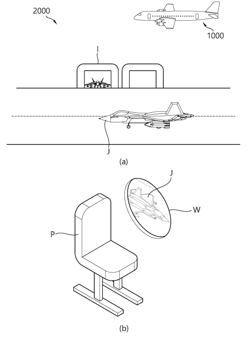 한국항공우주산업㈜(KAI)이 2020년 5월 6일 출원(출원번호 제1020200053762호)해 올해 7월 1일 등록(등록번호 제102274539호)을 받은 ‘민항기 윈도우 시야 차단 시스템’ 특허의 대표 도면. 민항기와 군용기가 활주로를 공용하는 공항에 민항기가 이·착륙할 때 공항에서 보이는 전경과 이륙 또는 착륙하는 민항기의 객실의 일부를 개략적으로 도시한 도면. 그림=키프리스