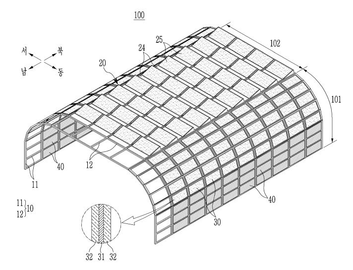 한국수력원자력㈜가 2019년 7월 2일 출원(출원번호 제1020190079472호)해 지난 9월 13일 등록(등록번호 제102303806호)을 받은 ‘태양광 발전 방음터널’ 특허의 대표 도면. 해당 발명의 실시예에 따른 태양광 발전 방음터널의 사시도. 그림=키프리스