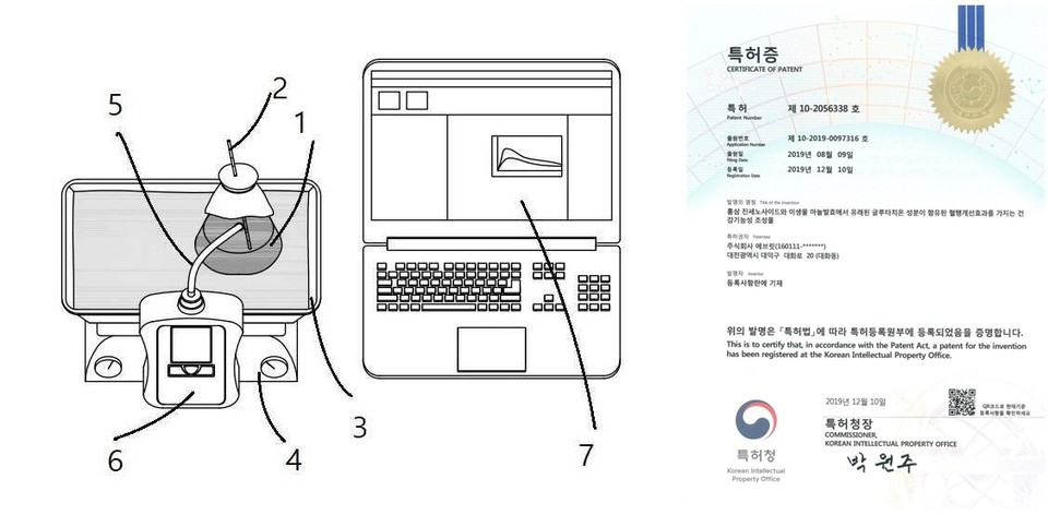 ㈜에브릿이 2019년 8월 9일 출원(출원번호 제1020190097316호)해 그해 12월 10일 등록(등록번호 제102056338호)을 받은 ‘홍삼 진세노사이드와 미생물 마늘발효에서 유래된 글루타치온 성분이 함유된 혈행개선효과를 가지는 건강기능성 조성물’ 특허의 대표도면. 출원산화질소 센서가 내장된 복합개스측정장치(MultiRAE Lite모델, Japan, 왼쪽)과 해당 특허의 등록증(오른쪽). 사진=키프리스, 프리마인