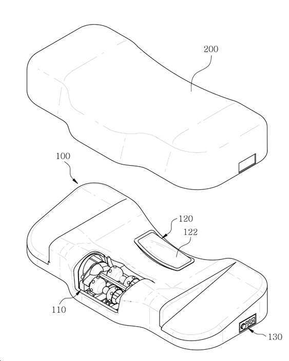 제스파가 올해 5월 31일 출원(출원번호 제1020210070233호)해 7월 23일 등록(등록번호 제102283549호)을 받은 ‘수면에 도움을 주는 베개 마사지기 및 이를 제어하는 방법’ 특허의 대표 도면. 발명의 일 실시 예에 따른 베개 마사지기의 사시도. 그림=키프리스