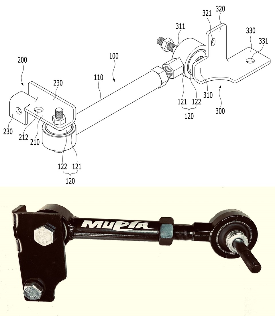 자동차 부품 전문 제조업체 '머피아'의 손계동 대표가 2020년 2월 21일 출원(출원번호 제1020200021610호)해 올해 3월 30일 등록(등록번호 제102235929호)을 받은 ‘차량의 롤 로드용 튜닝 장치’ 특허의 대표 도면(위)과 이 특허 기술을 적용해 출시된 4세대 카니발 센터파워링크. 사진=키프리스, 머피아