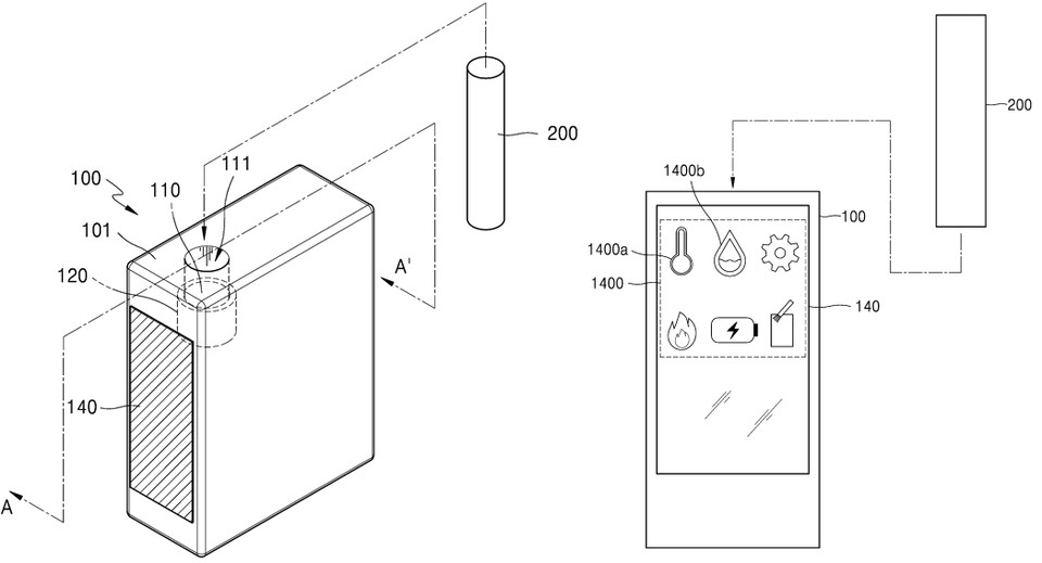 KT&G가 2021년 10월 27일 출원(출원번호 제1020210144924호)하고 지난 11월 9일 공개(공개번호 제1020210134272호)한 ‘디스플레이를 포함하는 에어로졸 생성 장치’ 특허의 대표도면. 해당 특허에 따른 에어로졸 생성 장치 및 에어로졸 생성 물품의 사시도(왼쪽)과 에어로졸 생성 장치의 디스플레이의 정면도. 그림=키프리스