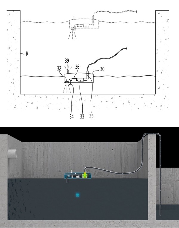 자인테크놀로지㈜(대표 신민철)가 2020년 11월 26일 출원(출원번호 제1020200161517호)해 2021년 8월 25일 등록(등록번호 제102295810호)을 받은 ‘폐수 방류유량 측정장치’의 작용 효과를 설명하기 위한 도면(위)과 저류조 부유식으로 설치된 폐수유량계 설치예시도. 그림=키프리스, 자인테크놀로지