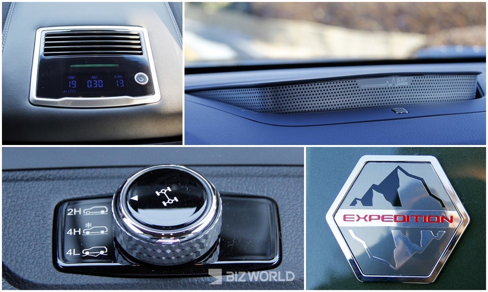 빌트인 공기청정기(왼쪽 상단부터 시계방향), 플로팅 무드 스피커, 익스페디션 엠블럼, 4WD 조정레버. 사진=손진석 기자