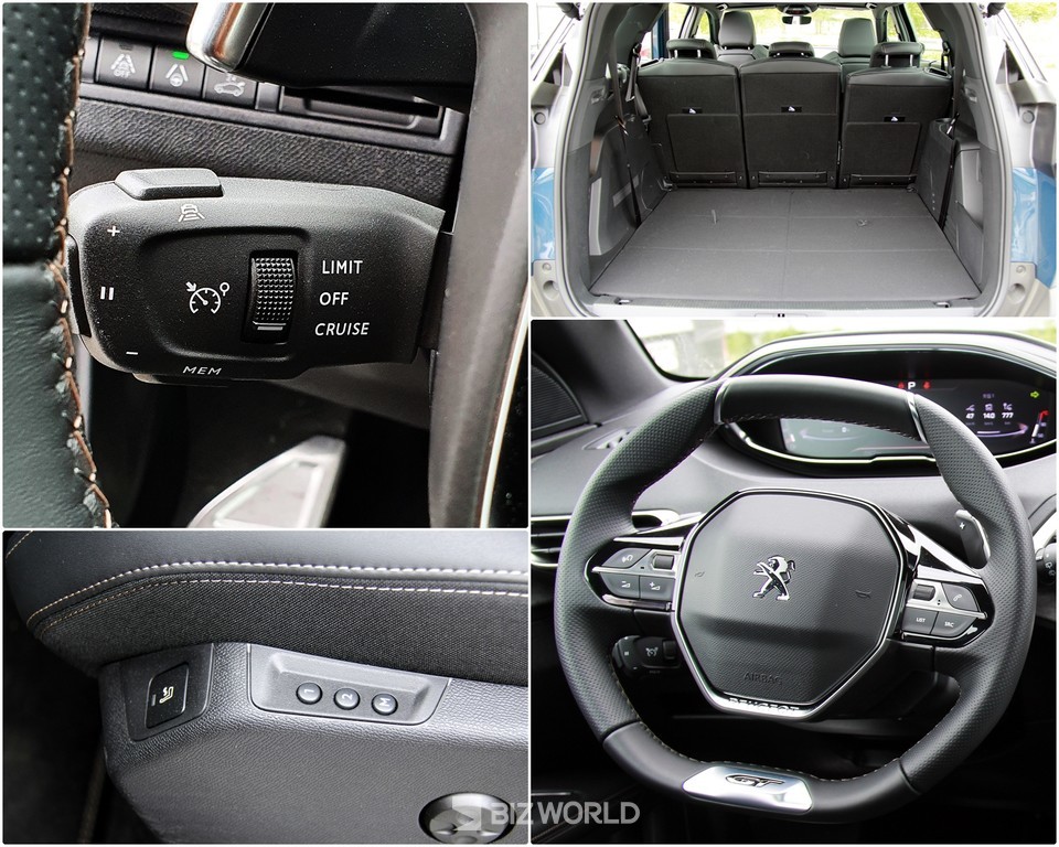 핸들 왼쪽 아래 위치한 어댑티브 크루즈 컨트롤 버튼(왼쪽 위부터 시계방향), 3열 폴팅한 모습, 스티어링 휠, 운전석 시트 마사지 기능 작동 버튼. 사진=손진석 기자