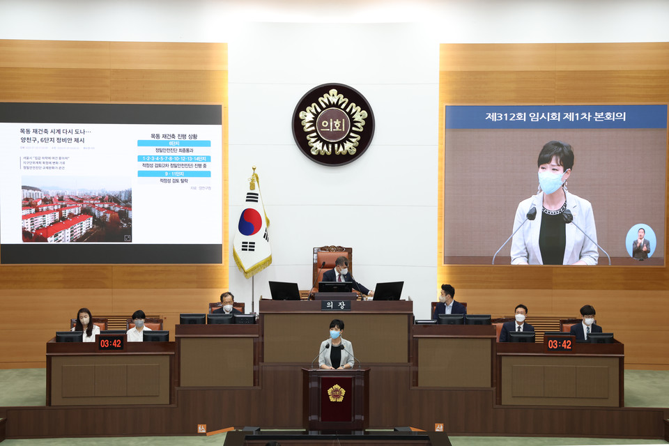 최재란 시의원이 지난 제312회 임시회에서 5분 발언을 하고 있다. 사진=서울시의회