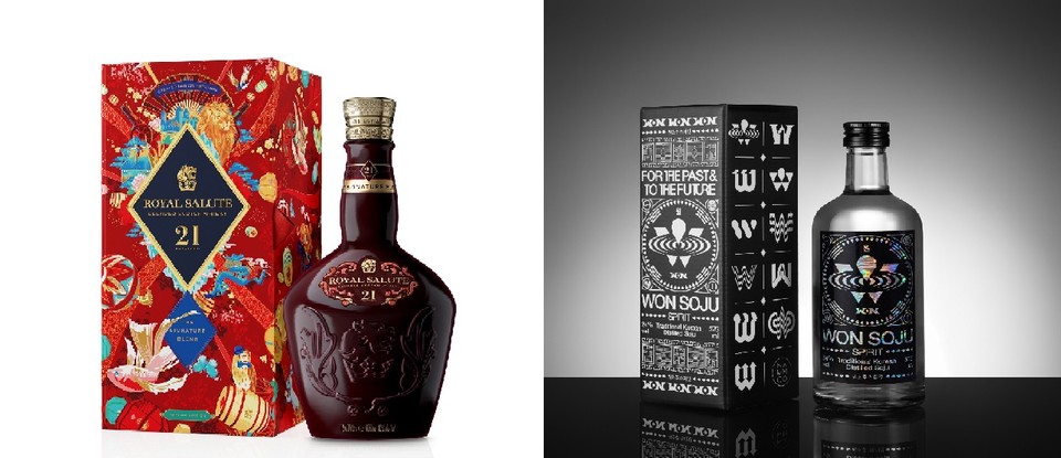 페르노리카코리아 '로얄살루트 21년 셀러브레이션 패키지'(왼쪽), 원스피리츠 '원소주 스피릿 선물세트'. 사진=각 사