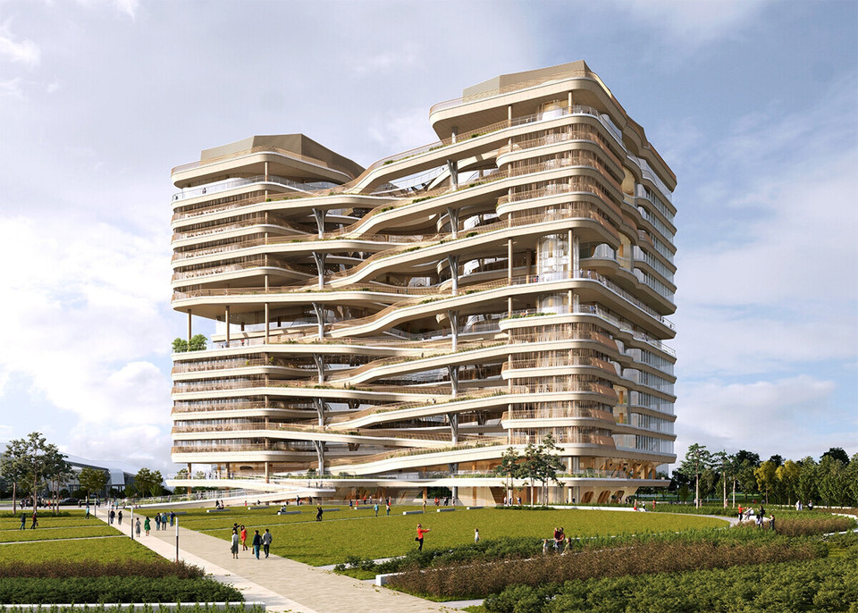 하나금융그룹은 인천 청라국제도시에 '하나드림타운'을 구축하는 사업에 공들이고 있다. 사진은 하나드림타운 조성사업 3단계 '그룹헤드쿼터' 건물. 사진=하나금융그룹