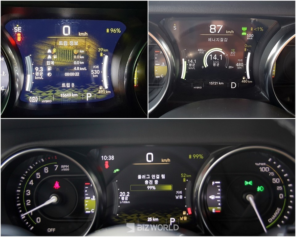 랭글러 4xe 시승 출발 직전 계기판(왼쪽 상단부터 시계방향), 시승 중 최고 연비, 플러그인 하이브리드 충전 중 계기판. 사진=손진석 기자