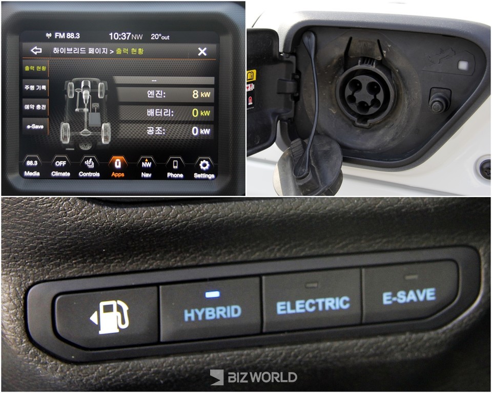 드랭글러 4xe 하이브리드 전용 인포메이션 화면(왼쪽 상단부터 시계방향), 충전 포트, 하이브리드 주행모드 선택 버튼.. 사진=손진석 기자