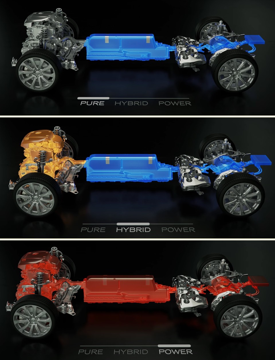 볼보 XC60 T8 퓨어(위에서 아래로), 하이브리드, 파워모드 동력전달. 사진=볼보차 유튜브 영상 캡처