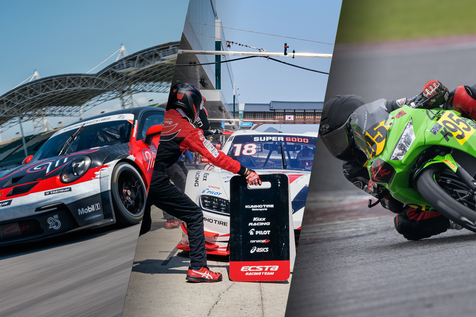 ‘포르쉐 카레라 컵 아시아’(왼쪽부터), 2023 CJ대한통운 슈퍼레이스 챔피언십 슈퍼 6000, 바이크 레이스 ‘가와사키 닌자 컵’. 사진=슈퍼레이스 운영위