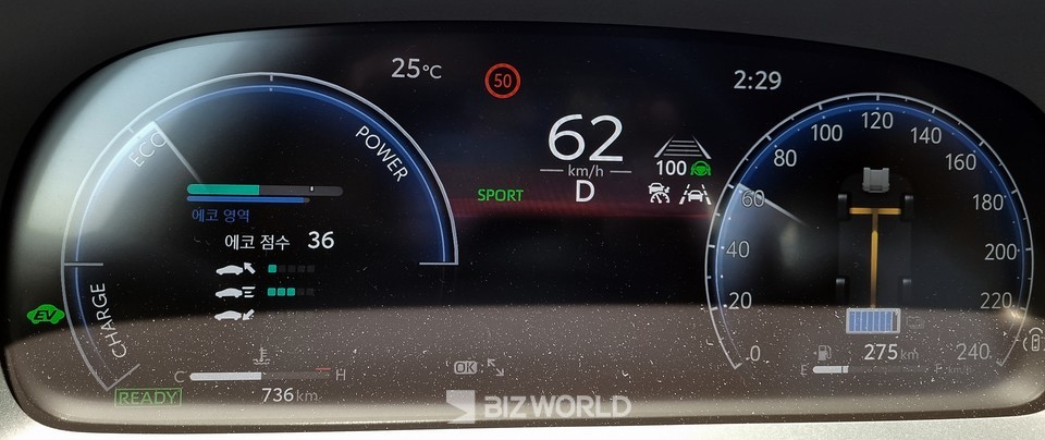 2.5 HEV 계기판의 에너지 효율 표시. 사진=손진석 기자