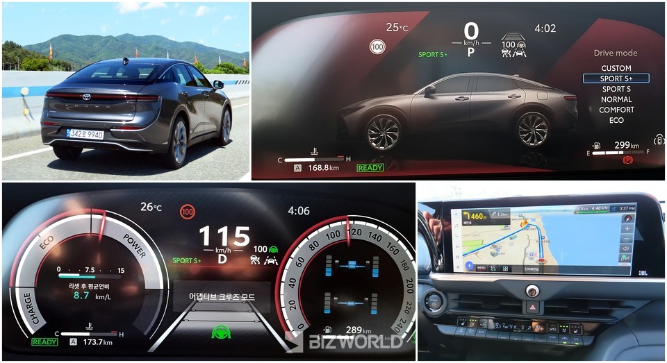 2.4ℓ 듀얼 부스트 하이브리드 뒷모습(왼쪽 상단부터 시계방향), 계기판 주행모드 선택 화면, 센터페시아, 계기판 구동력 표시=손진석 기자