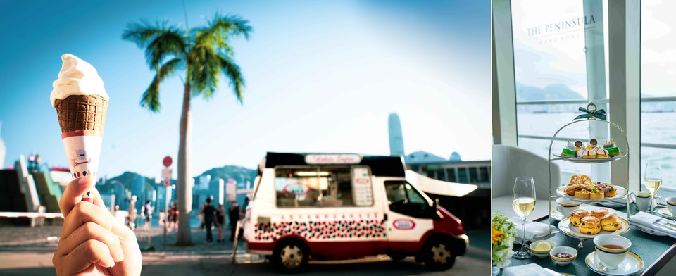 홍콩 여행 중 만날 수 있는 미스터 소프티(Mister Softee) 아이스크림 트럭(왼쪽)과  크루즈에서 즐길 수 있는 더 페닌슐라 홍콩의 애프터눈 티. 사진=홍콩관광청